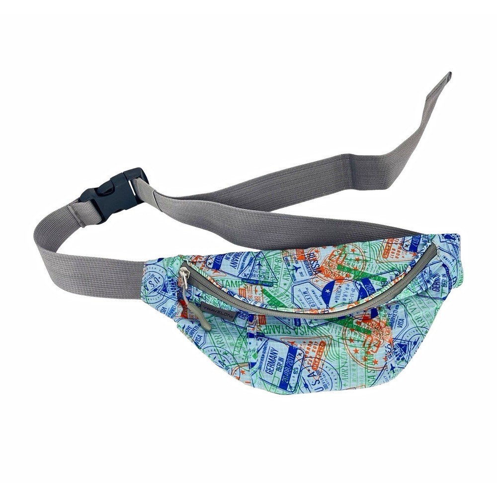 Travelon Passport Stamp Print Waist Pack Fanny Pack Zipper Pockets Multicolor